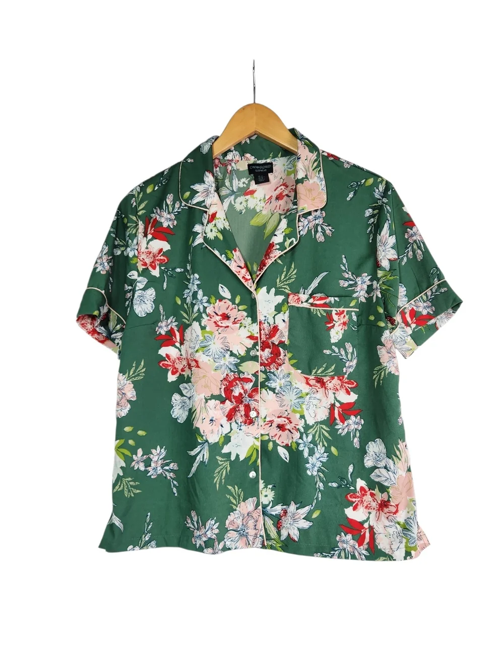 Cynthia Rowley 2-Piece Pajama Set  Med Green Pink Floral Silky Shorts PJs Resort